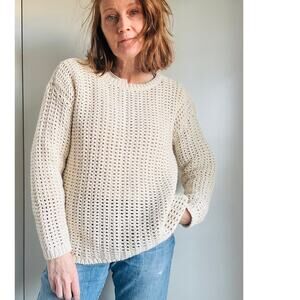 L L Bean Signature Womens Fishermans Sweater Cream Size Large Cotton Classic